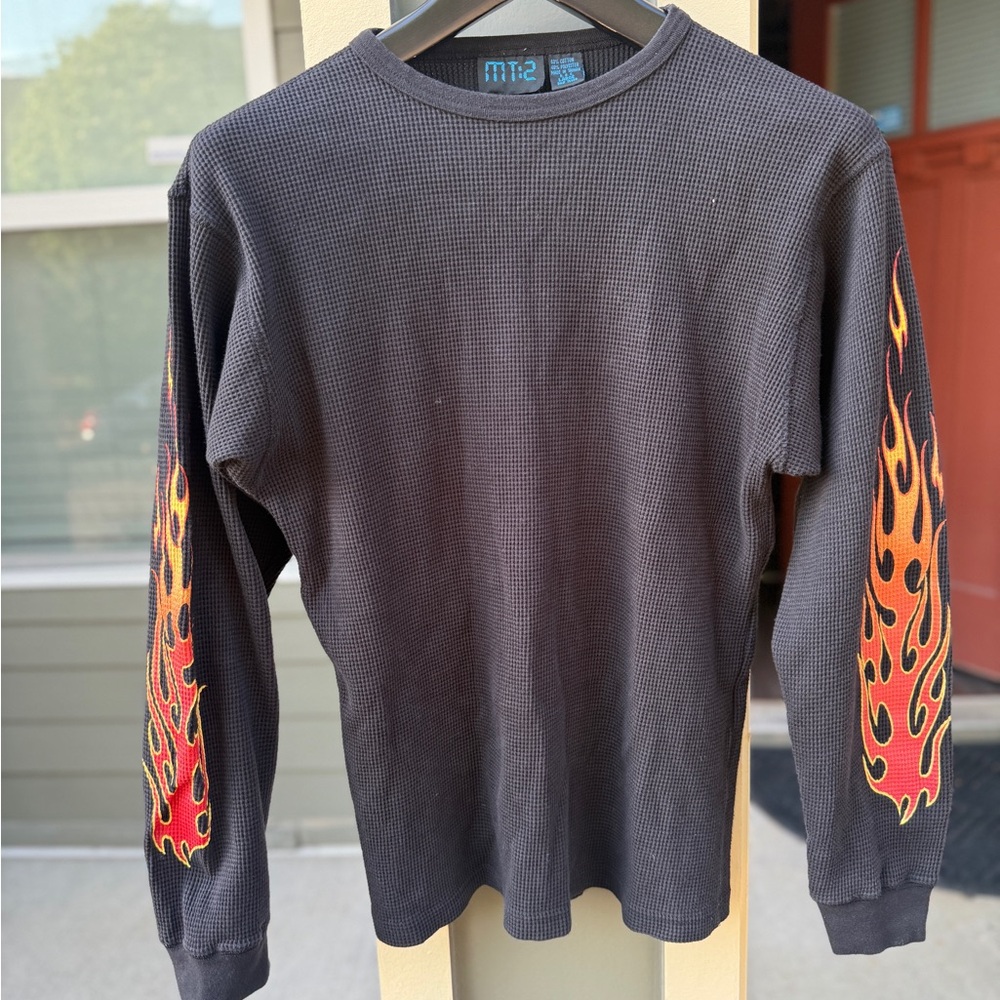 Black Thermal Long Sleeve Tee with Flame Sleeve Graphics